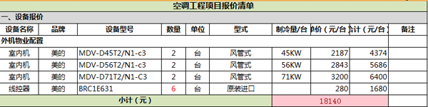 美的中央空调报价表1